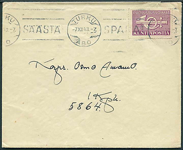 Feltpostmærke 1943 på brev fra Turku d. 7.12.1943 til soldat ved KpK 1/5864 (= 2. Bat. 35. Inf. Regt.).