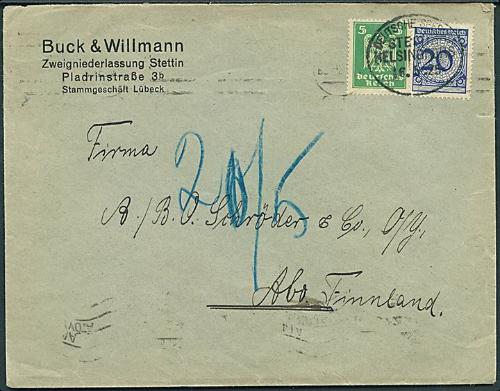 5 pfg. og 20 pfg. på brev fra Stettin annulleret med ovalt skibsstempel Deutsche Seepost Stettin - Helsingfors d. 16.5.1925 via Helsingfors d. 19.5.1925 til Åbo, Finland.