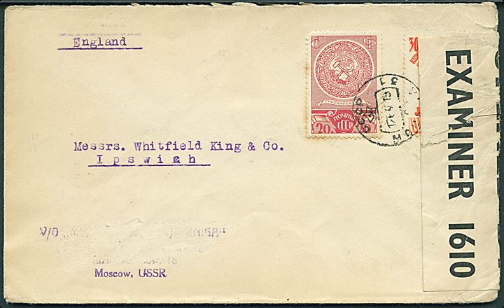 20 kop. og 30 kop. på brev fra Moskva d. 12.6.1940 til Ipswich, England. Åbnet af britisk censur PC90/1610. 