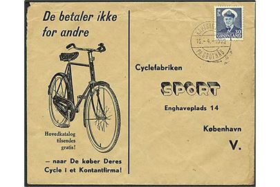 30 øre Fr. IX på Cykelfabrik Sport kuvert annulleret med pr.-stempel Kapisigdlit pr. Godthåb d. 1.4.1959 til København.