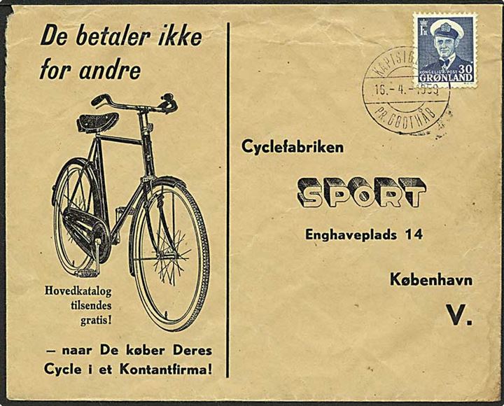 30 øre Fr. IX på Cykelfabrik Sport kuvert annulleret med pr.-stempel Kapisigdlit pr. Godthåb d. 1.4.1959 til København.
