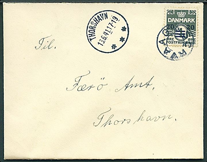 20/1 øre Provisorium på brev annulleret med udslebet stjernestempel SØRVAAG og sidestemplet Thorshavn d. 13.6.1941 til Færø Amt, Thorshavn.