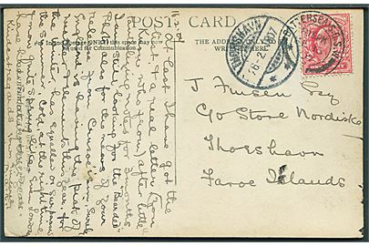1d Edward VII på brevkort fra Battersea d. 16.2.1907 til Thorshavn, Færøerne. Ank.stemplet Thorshavn d. 26.2.1907.