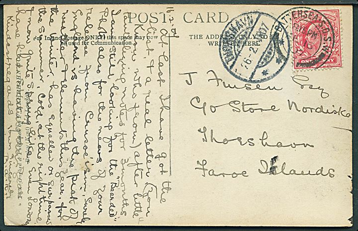 1d Edward VII på brevkort fra Battersea d. 16.2.1907 til Thorshavn, Færøerne. Ank.stemplet Thorshavn d. 26.2.1907.