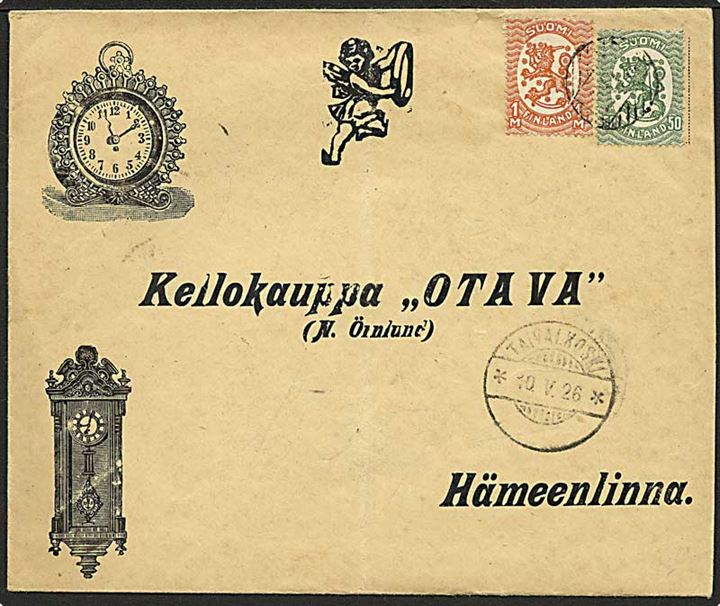 50 p. og 1 mk. Løve udg. på flot illustreret firmakuvert annulleret med svagt nr.stempel 208 og sidestemplet Taivalkoski d. 10.5.1926 til Hämeenlinna.
