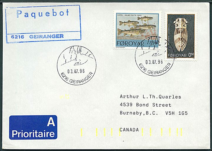 50 øre Cikade og 7 kr. Fisk på brev annulleret med norsk stempel i Geiranger d. 3.7.1996 og sidestemplet Paquebot 6216 Geiranger til Burnaby, Canada.