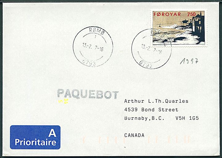 7,50 kr. Janus Kamban på brev annulleret med dansk stempel Rømø 6792 d. 13.2.1997 og sidestemplet Paquebot til Burnaby, Canada.