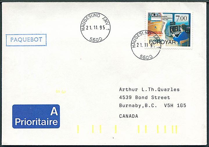 7 kr. Navigationsskole på brev annulleret med norsk stempel i Haugesund d. 21.11.1995 og sidestemplet Paquebot til Burnaby, Canada.