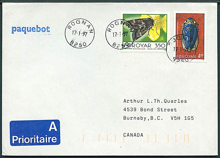 3,50 kr. Sommerfugl og 4 kr. Cikade på brev annulleret med norsk stempel i Rognan d. 17.1.1997 og sidestemplet Paquebot til Burnaby, Canada.