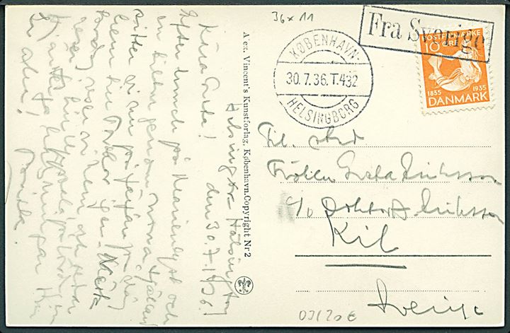 10 øre H. C. Andersen på brevkort (Marienlyst, Helsingør) annulleret med skibsstempel Fra Sverige og sidestemplet bureau København - Helsingborg T.432 d. 30.7.1936 til Kil, Sverige. 