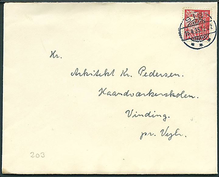 15 øre Karavel på brev annulleret med brotype Ic Sig d. 15.4.1935 til Linding pr. Vejle.