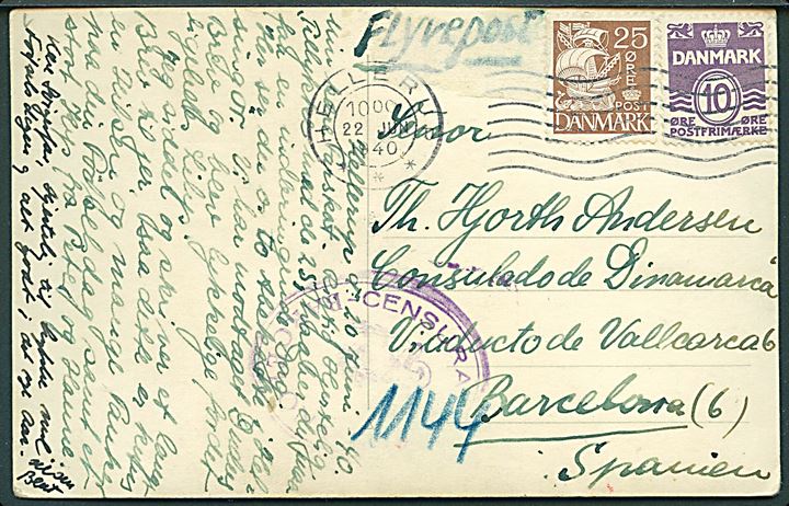 10 øre Bølgelinie og 25 øre Karavel på luftpost brevkort fra Hellerup d. 22.6.1940 til danske konsulat i Barcelona, Spanien. Spansk censur fra Barcelona.