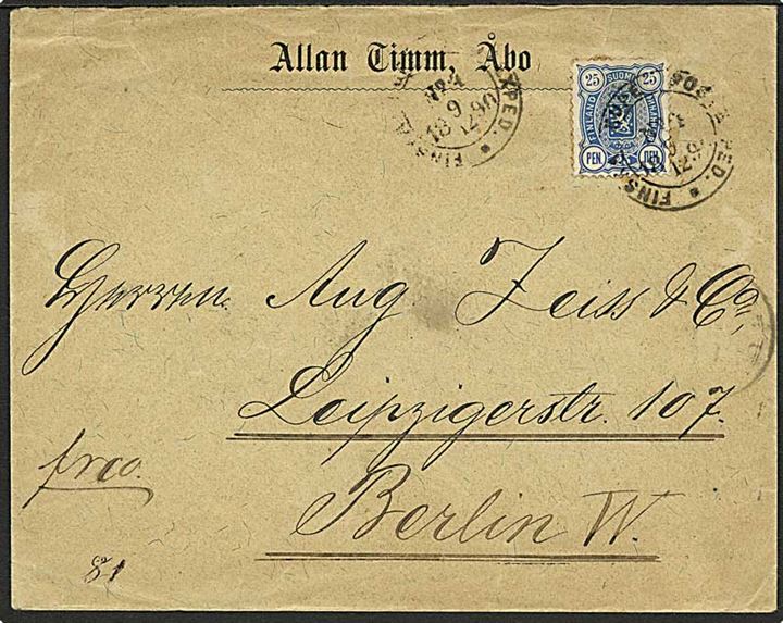 25 pen. Våben udg. single på brev fra Åbo annulleret med bureaustempel Finska Kupé Postexped. No. 4 d. 9.12.1890 via S.Petersburg til Berlin, Tyskland.