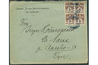 5 øre Bølgelinie (4) på brev fra Oksbøl Sogns Brugsforening pr. Nørborg annulleret med bureaustempel Sønderborg - Nordborg T.09 d. 22.4.1925 til Sdr. Næraa pr. Aarslev.