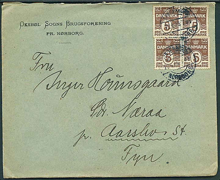 5 øre Bølgelinie (4) på brev fra Oksbøl Sogns Brugsforening pr. Nørborg annulleret med bureaustempel Sønderborg - Nordborg T.09 d. 22.4.1925 til Sdr. Næraa pr. Aarslev.