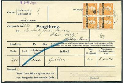 30 øre Chr. X Postfærgemærke i fireblok på fragtbrev fra Esbjerg d. 12.6.1947 til Nordby, Fanø.