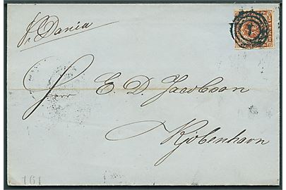 4 sk. 1858 udg. på dampskibsbrev fra Aalborg påskrevet: pr. Dania, annulleret med nr.stempel 1 og på bagsiden ank.stemplet antiqua Kiøbenhavn KB d. 11.3.18xx til Kjøbenhavn. 