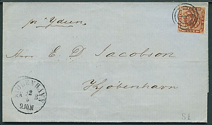 4 sk. 1858 udg. på dampskibsbrev fra Randers påskrevet: pr. Ydun, annulleret med nr.stempel 1 og sidestemplet antiqua Kiøbenhavn KB d. 12.6.18xx til Kjøbenhavn. 