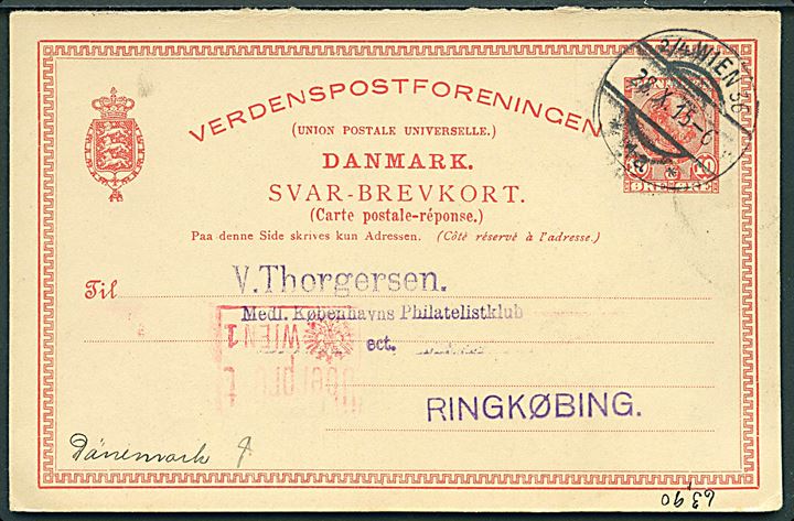 10 øre Chr. IX svardel af dobbelt helsagsbrevkort annulleret med østrigsk stempel i Wien d. 28.10.1915 til Ringkøbing, Danmark. Rød østrigsk censur fra Wien.