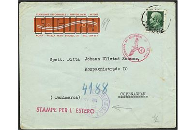 Italiensk 25 c. frankeret tryksag fra Rom d. 12.4.1942 til København. Italiensk censur, passér stemplet ved den tyske censur i Berlin og violet stempel Tilladt /U.M./Indført fra Udenrigsministeriets Tryksagskontrol.