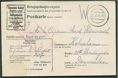 Sverdel af ufrankeret krigsfange-dobbeltbrevkort med stumt stempel d. 22.9.1944 til Kapt. Svend Hammerich, København, Danmark. Sendt fra fransk officer i OFLAG IIA (= Prenzlau, Tyskland) med rød lejrcensur.