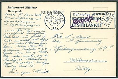 Ufrankeret interneret brevkort fra soldat i dansk Detachement, Sandholmlejren 4. Lejrkompagni stemplet København d. 12.10.1943 til København. Violet Stalag-censur Geprüft.