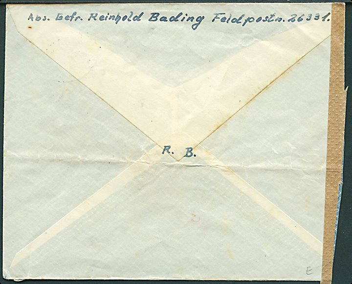 Ufrankeret feltpostbrev stemplet Feldpost d d. 20.8.1942 til Fredericia. Sendt fra soldat ved feldpost-nr. 26331 (= Regimentsstab Artillerie-Regiment 218 ved Cholm på østfronten). Åbnet af tysk censur i Hamburg.