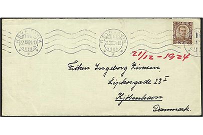 20 aur Chr. X single på brev fra Reykjavik d. 22.12.1924 til København, Danmark. På bagsiden stemplet: Det Kgl. Norske Generalkonsulat, Reykjavik.