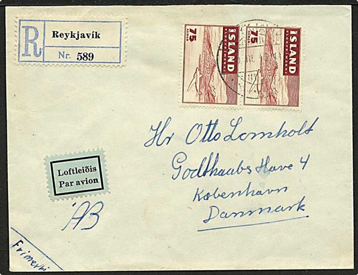 75 aur Luftpost i parstykke på anbefalet luftpostbrev fra Reykjavik d. 20.3.1948 til København, Danmark.
