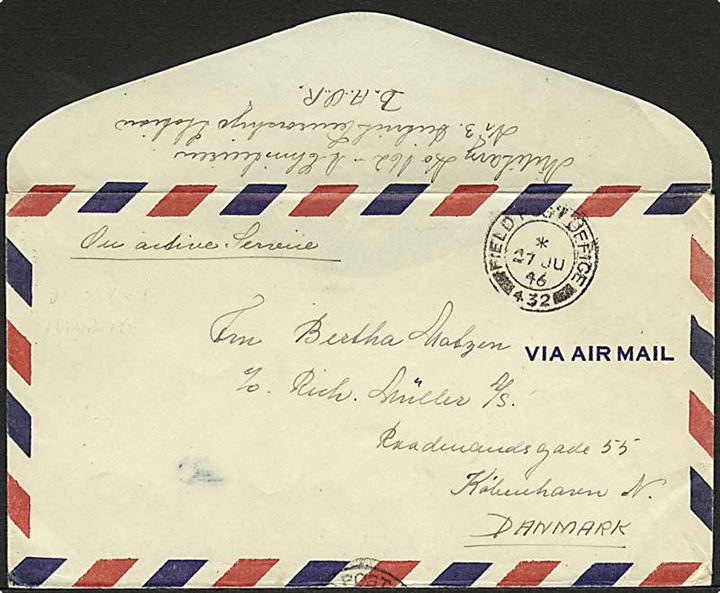 Ufrankeret On Active Service brev stemplet Field Post Office 432 (= Hamburg) d. 27.6.1946 til København. Fra dansk postcensor ved 3rd District Censorship Station i Hamburg. Afs. på bagsiden.