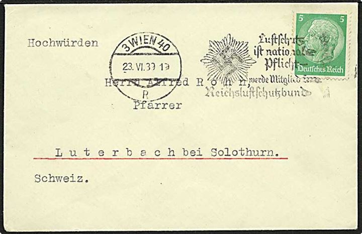 5 pfg. Hindenburg på tryksag med TMS Reichsluftschutzbund Wien d. 23.6.1939 til Luterbach, Schweiz.