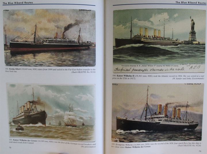 Ocean Liner Postcards in Marine Art 1900-1945 af Robert Wall. 158 sider. Rigt illustreret med både beskrivelse af rederier og postkort kunstnerne. Flot eksemplar.