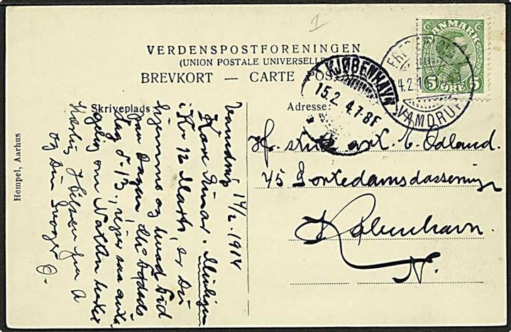 5 øre Chr. X på brevkort fra Vamdrup annulleret med bureaustempel Fredericia - Vamdrup T.949 d. 14.2.1914 til København.