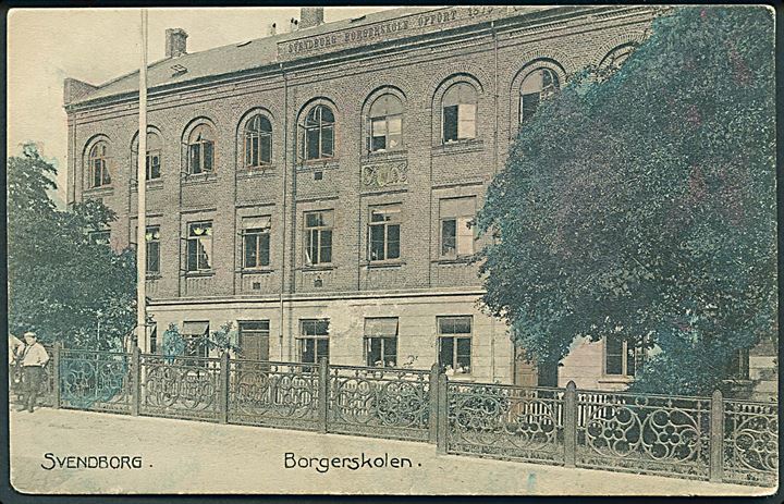 Svendborg, Borgerskolen. Reklame fra Henrik Klindt's Boghandel på adressesiden. Stenders no. 7325. 