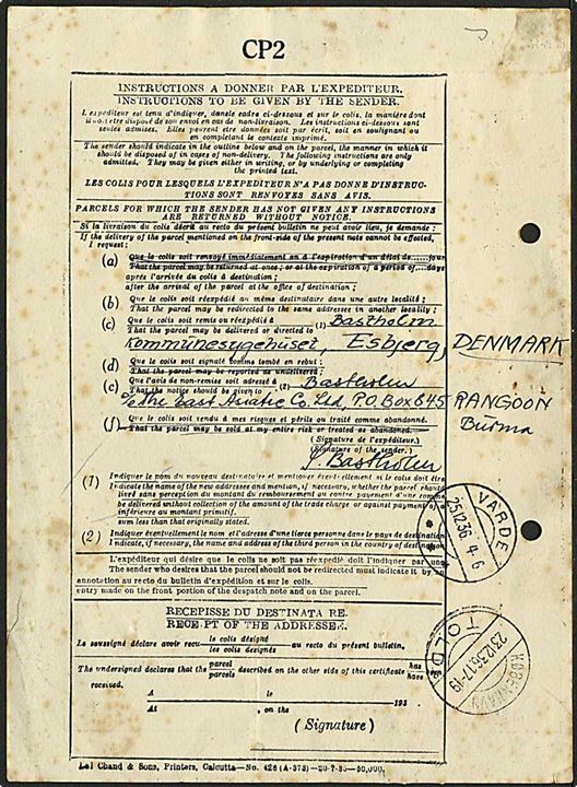 Internationalt adressekort for pakke fra Thatetmyo d. 16.11.1936 via Antwerpen til Roust pr. Varde. Påsat dansk pakke-etiket i Varde. Meget interessant forsendelse fra Burma.