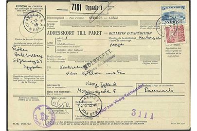 5 kr. Stockholm Slot og 60 öre Landbrugsmøder på internationalt adressekort for pakke fra Uppsala d. 7.12.1946 via Malmö til Viborg, Danmark.
