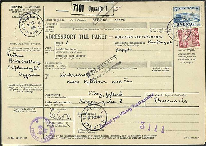 5 kr. Stockholm Slot og 60 öre Landbrugsmøder på internationalt adressekort for pakke fra Uppsala d. 7.12.1946 via Malmö til Viborg, Danmark.