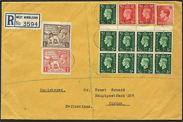 Komplet sæt 1924 Empire Exhibition, samt George VI og Edward VIII udg. på stort anbefalet brev fra West Wembledon 1937 til Zürich, Schweiz.
