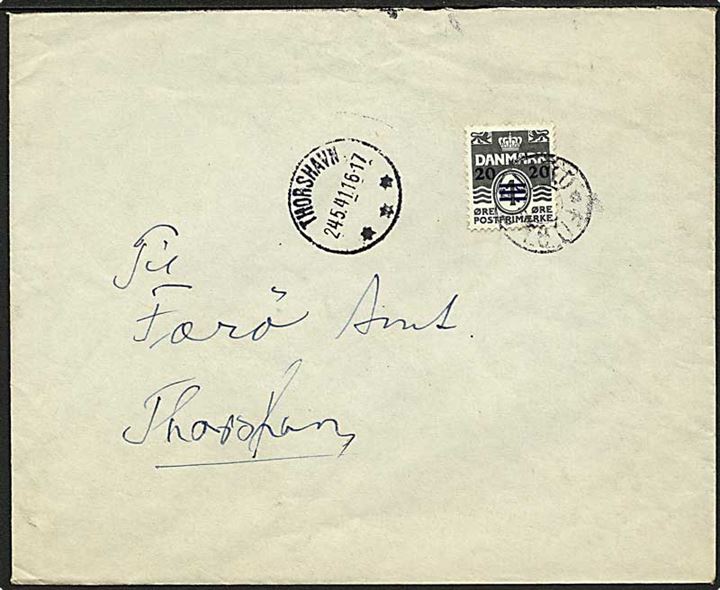 20/1 øre Provisorium på brev annulleret med udslebet stjernestempel FUGLEFJORD (06.03) og sidestemplet Thorshavn d. 24.5.1941 til Færø Amt, Thorshavn.