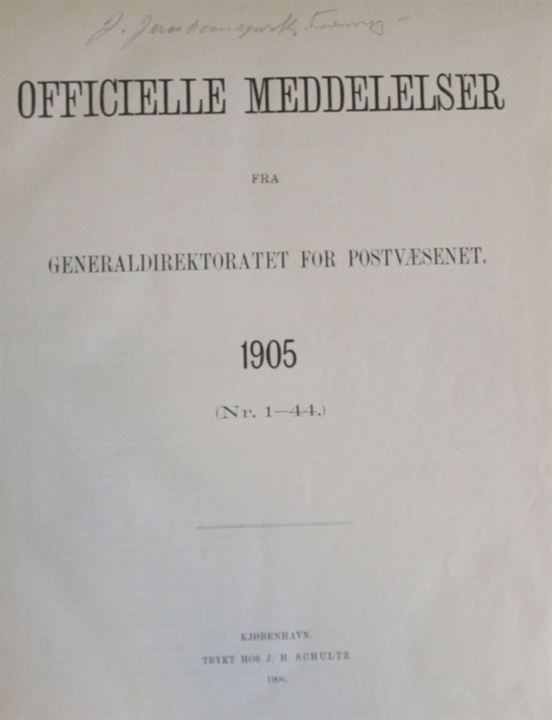 Officielle Meddelelser fra Generaldirektoratet for Postvæsenet. 1905. Indbundet årgang 186 sider + bilag. 