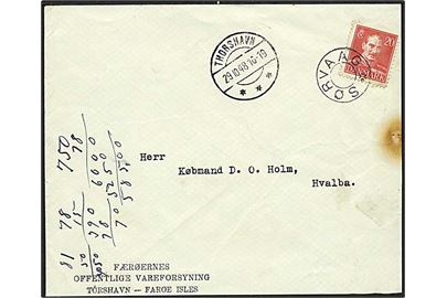 20 øre Chr. X på brev annulleret med udslebet stjernestempel SØRVAAG og sidestemplet Thorshavn d. 29.10.1948 til Hvalba.