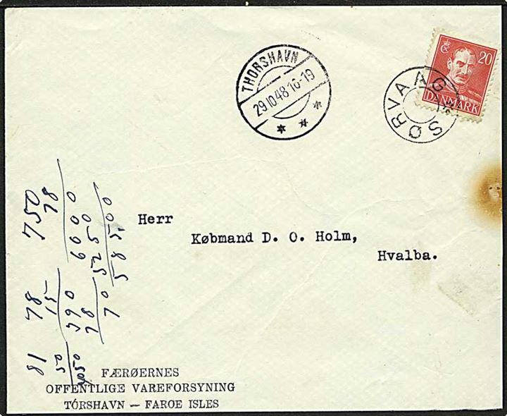 20 øre Chr. X på brev annulleret med udslebet stjernestempel SØRVAAG og sidestemplet Thorshavn d. 29.10.1948 til Hvalba.