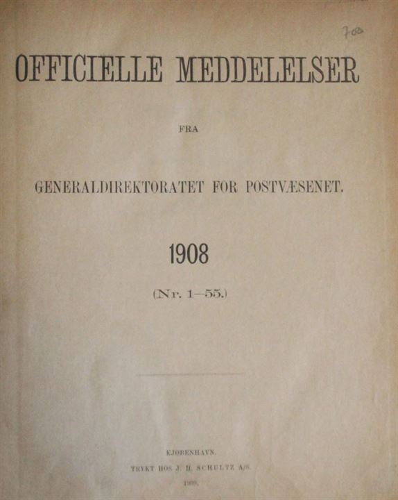 Officielle Meddelelser fra Generaldirektoratet for Postvæsenet 1908. Indbundet årgang 258 sider + bilag. 