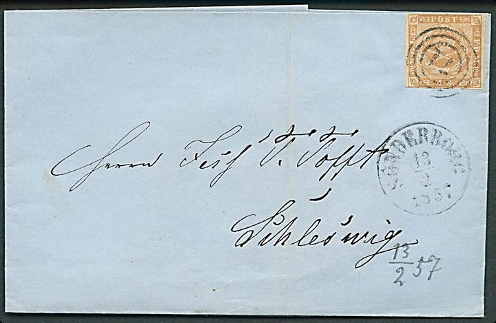 4 sk. 1854 udg. på brev annulleret med nr.stempel 71 og sidestemplet antiqua Sønderborg d. 13.2.1857 ril Schleswig.