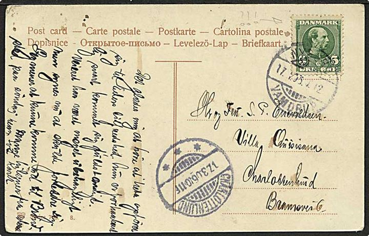 5 øre Chr. IX på brevkort annulleret med bureaustempel Nyborg - Vamdrup T.12 d. 17.1.1906 til Charlottenlund.