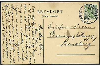 5 øre Chr. X på brevkort annulleret med bureaustempel Nyborg - Faaborg d. 21.7.1915 til Svendborg.