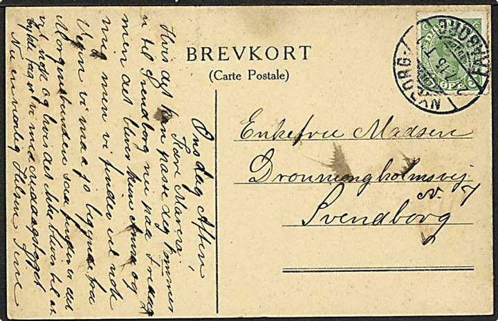 5 øre Chr. X på brevkort annulleret med bureaustempel Nyborg - Faaborg d. 21.7.1915 til Svendborg.