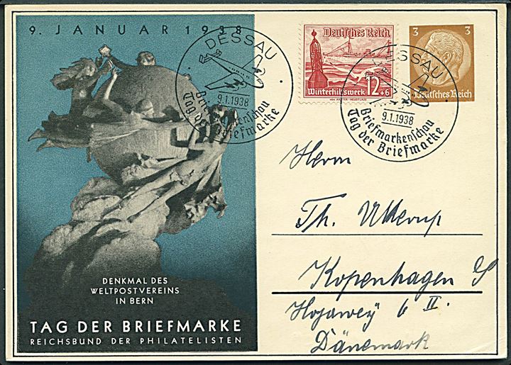 Tag der Briefmarke 1938. Reichsbund der Philatelisten E. V. Denkmal des weltpostvereins in Bern. Uden adresselinier. U/no. 