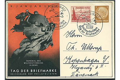 Tag der Briefmarke 1939. Reichsbund der Philatelisten E. V. Denkmal des weltpostvereins in Bern. Uden adresselinier. U/no. 