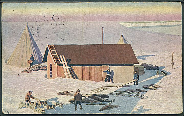 Andreas Bloch: Framheim. Norges flag plantet paa Sydpolen. Stationen paa Isbarrieren. Roald Amundsens station på Antarktis under Fram-ekspeditionen 1910-1913. Mittet & Co. u/no. 
